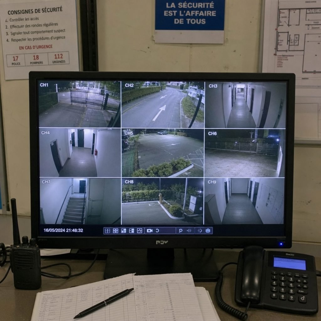 Écran de vidéosurveillance dans un poste de sécurité