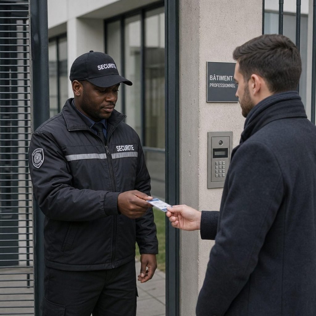 Agent de sécurité contrôlant l’accès à un bâtiment professionnel